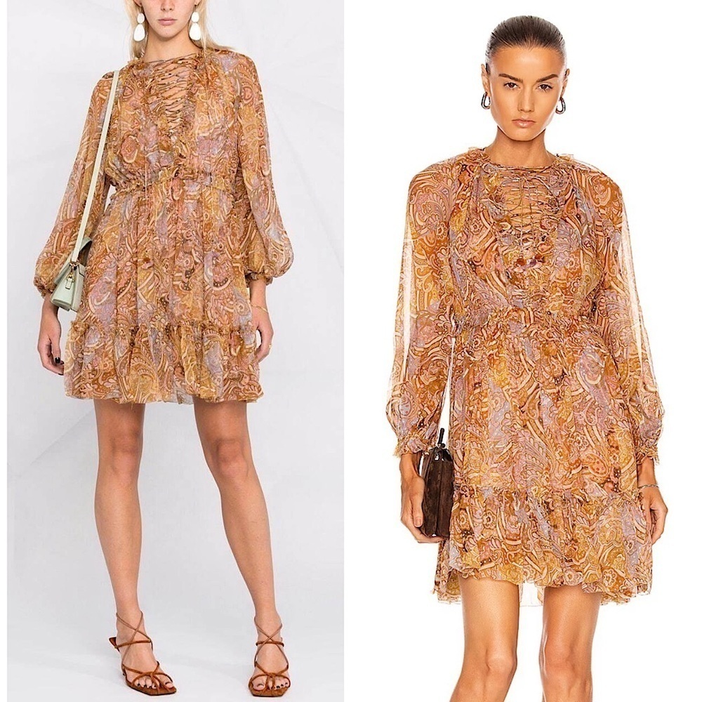 ZIMMERMANN Paisley Silk Ruffle Trim Puff Long Sleeve Lace Up Flounce Hem Dress 4